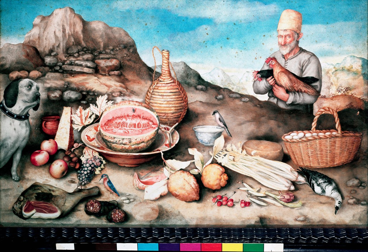 Zátiší Ryba, meloun, šunka, artyčok, celeris, zvěřina. Obraz Giovanna Garzoni od Giovanna Garzoni