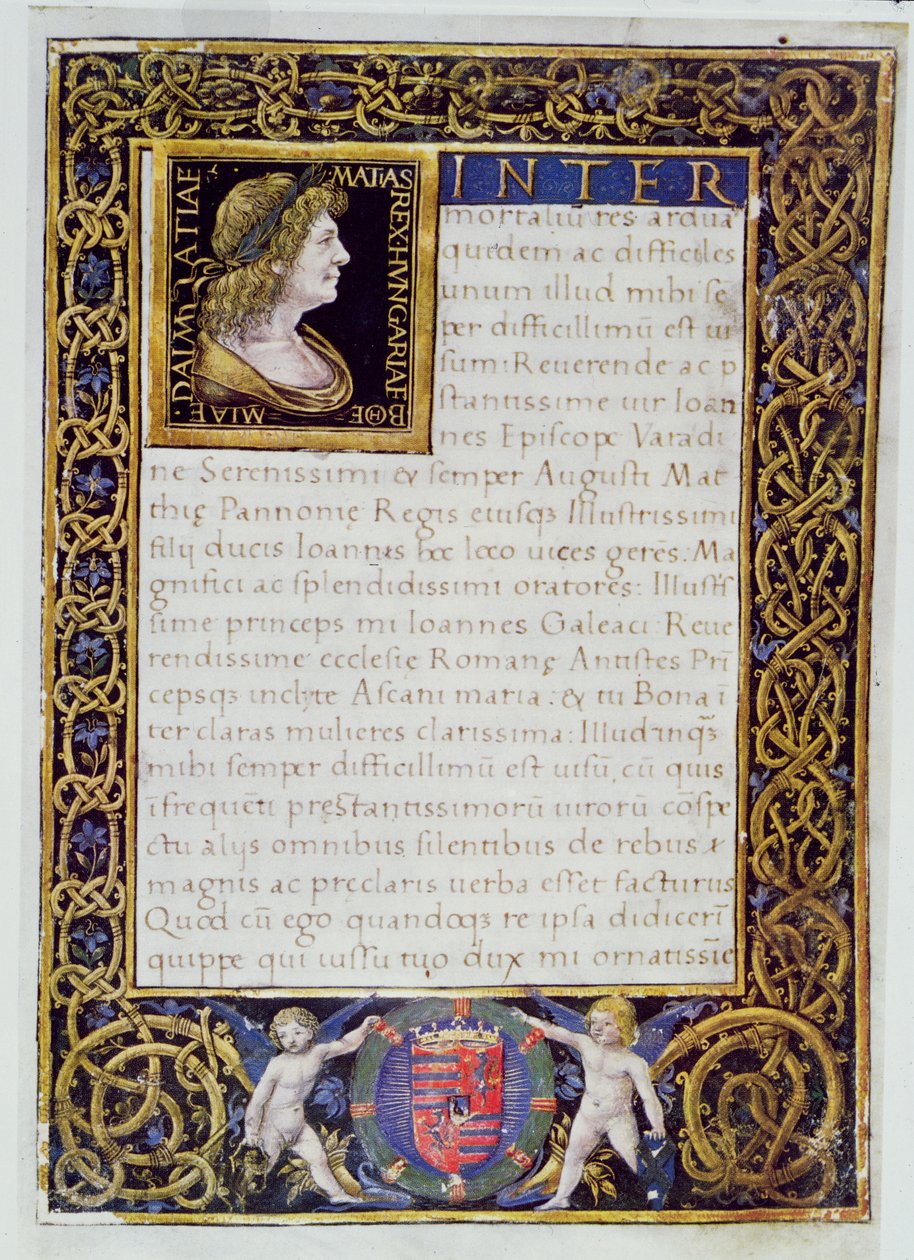 Stránka z kodexu s portrétem Matyáše I. (1440-90) Korvína od Giovanni Ambrogio de Predis