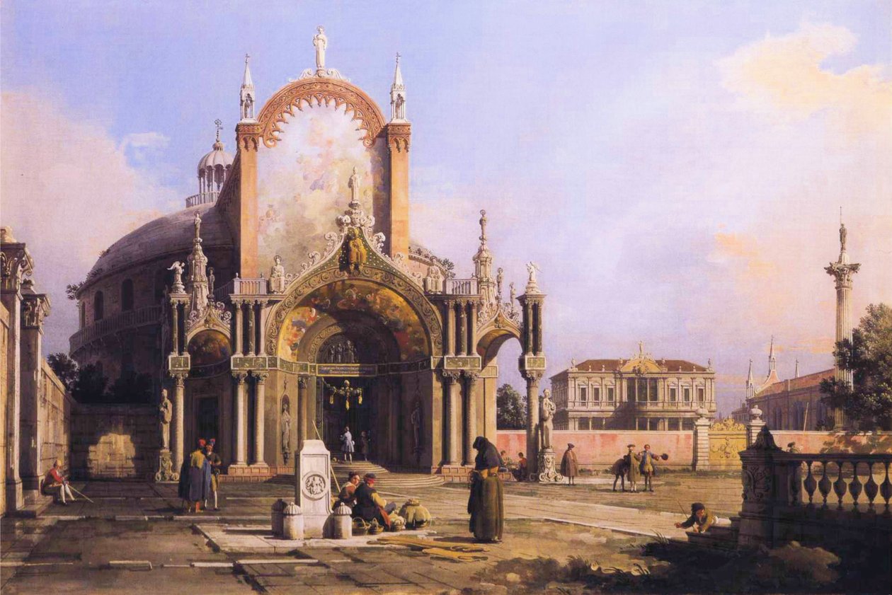 Capriccio kulatého kostela s propracovaným gotickým sloupovím na náměstí, palladiánským náměstím a gotickým kostelem za hranicemi.JPG od Giovanni Antonio Canal