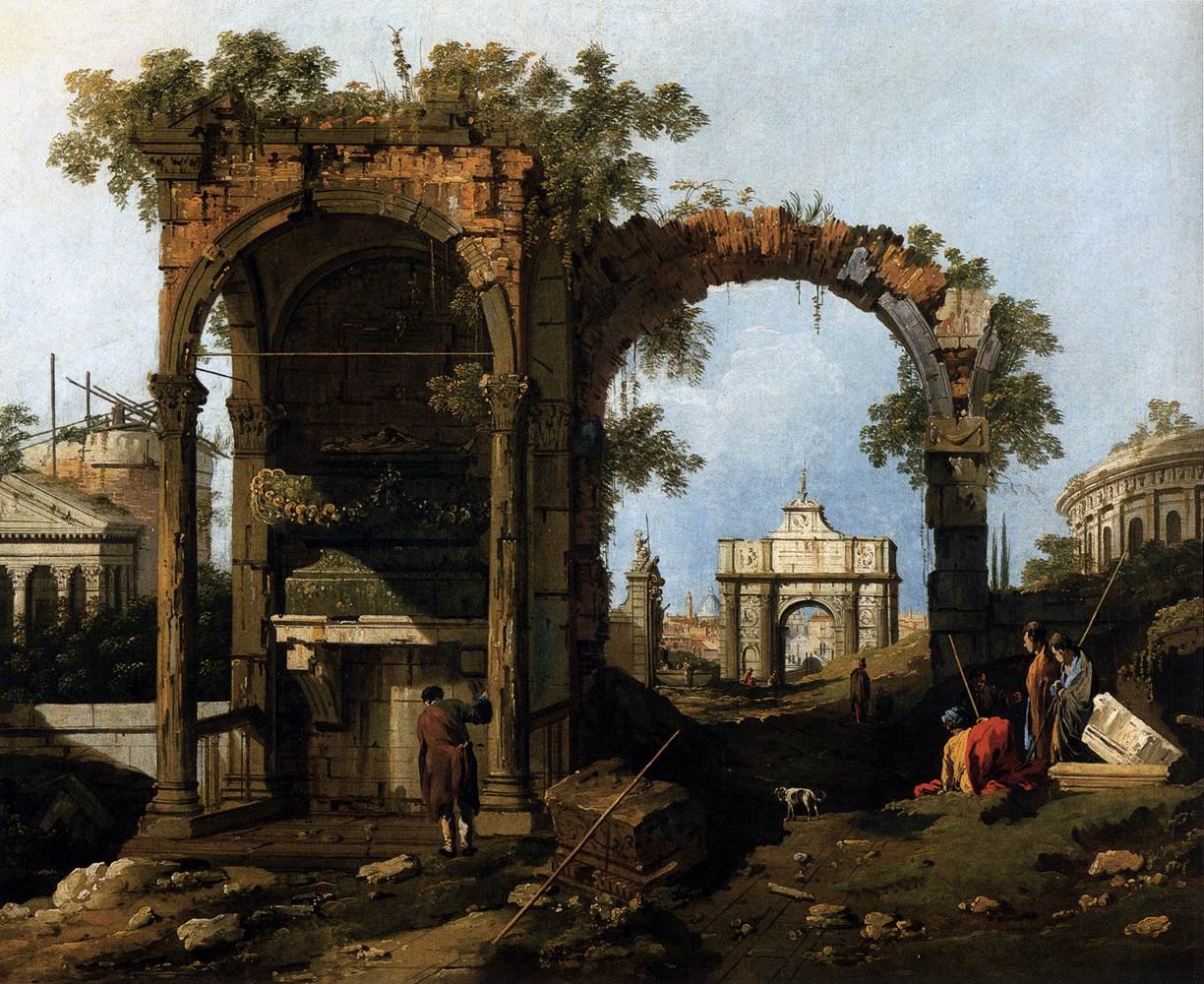 Capriccio s klasickými ruinami a budovami od Giovanni Antonio Canal
