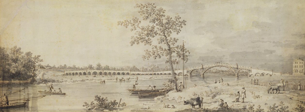 Old Walton Bridge při pohledu z Middlesex Shore, 1755 (pero a inkoust s mytím na papíře) od Giovanni Antonio Canal
