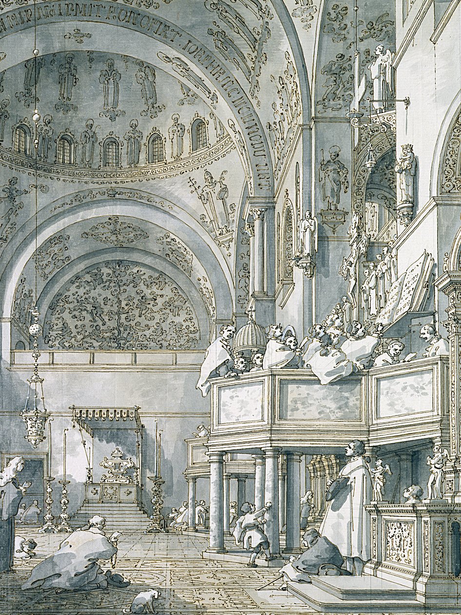 Sborový zpěv v bazilice svatého Marka, Benátky, 1766 (pero, inkoust a mytí na papíře) od Giovanni Antonio Canal