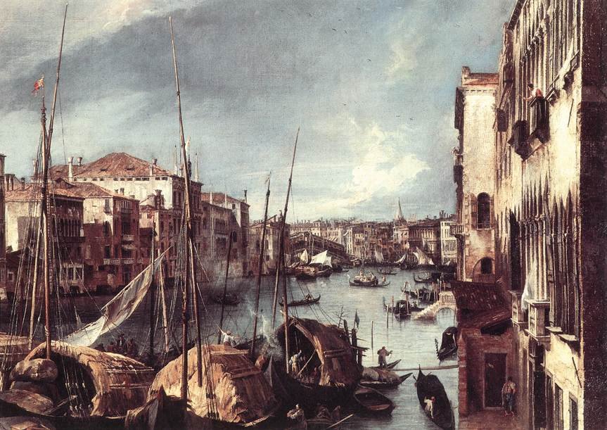Canal Grande s mostem Rialto v pozadí (detail) od Giovanni Antonio Canal