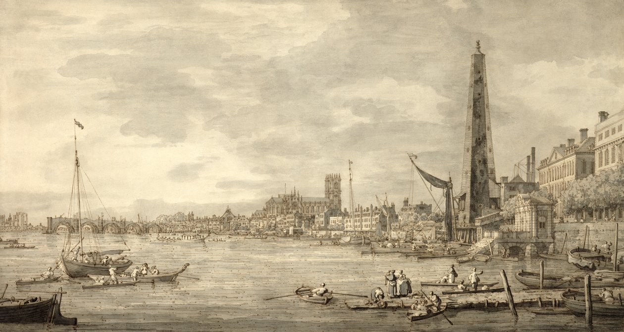 Temže při pohledu na Westminster z blízkosti York Water Gate (pero a hnědý inkoust s šedým omytím na papíře) od Giovanni Antonio Canal