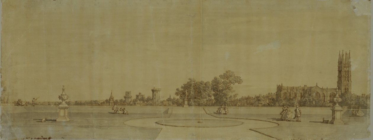 Warwick: Město a hrad z Převorských zahrad (pero a hnědý inkoust přes grafit) od Giovanni Antonio Canal