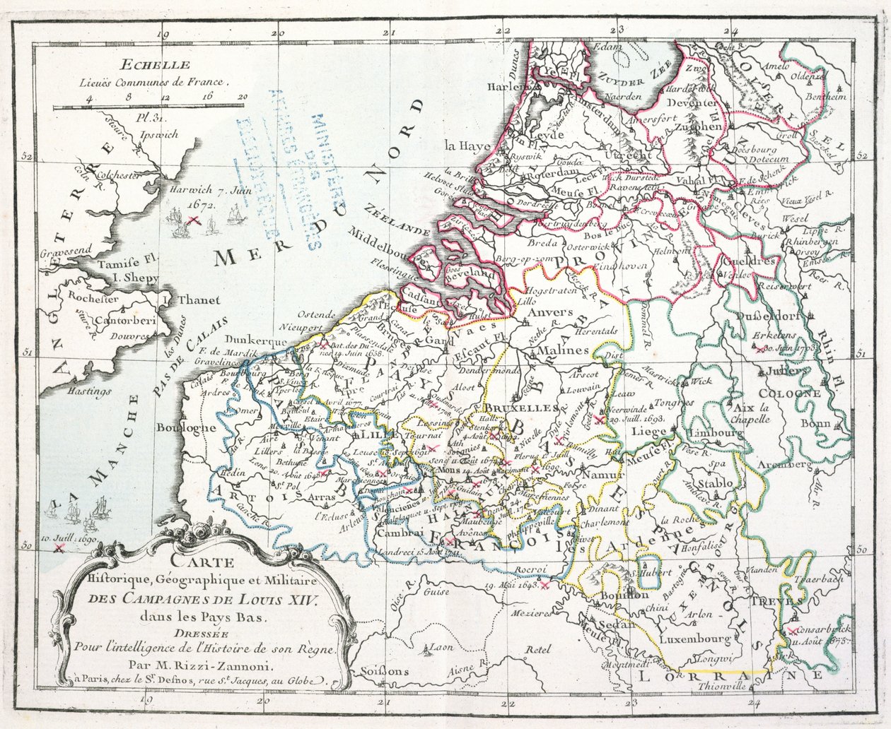 Mapa znázorňující vojenská tažení Ludvíka XIV. v Nízkých zemích, z Atlasu geographique et militaire, vydané v Paříži, 1763 (barevná rytina) od Giovanni Antonio Rizzi Zannoni