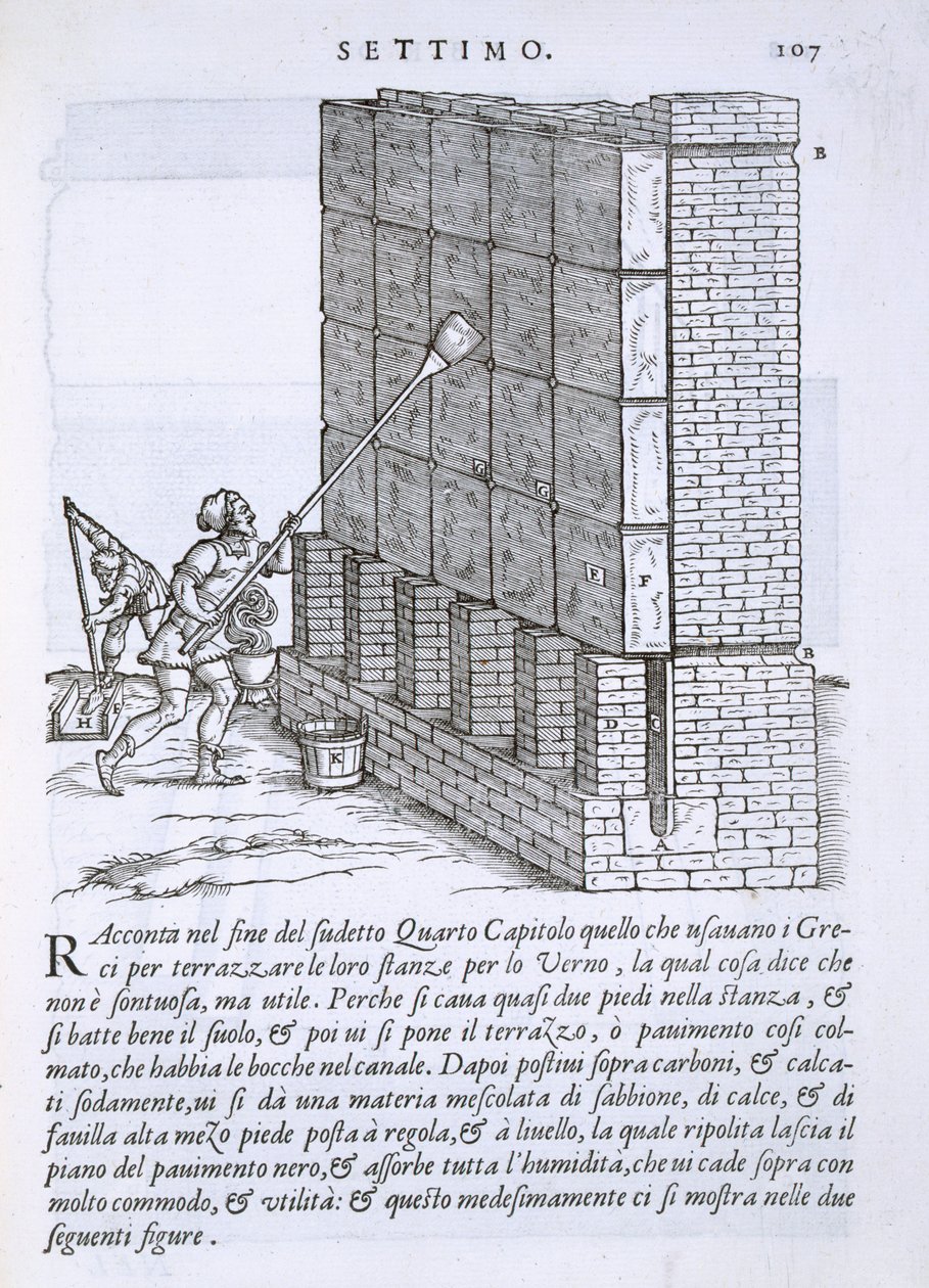 Nanášení ochranného nátěru na stěnu z „Della Architettura“, publikovaná v roce 1590 od Giovanni Antonio Rusconi