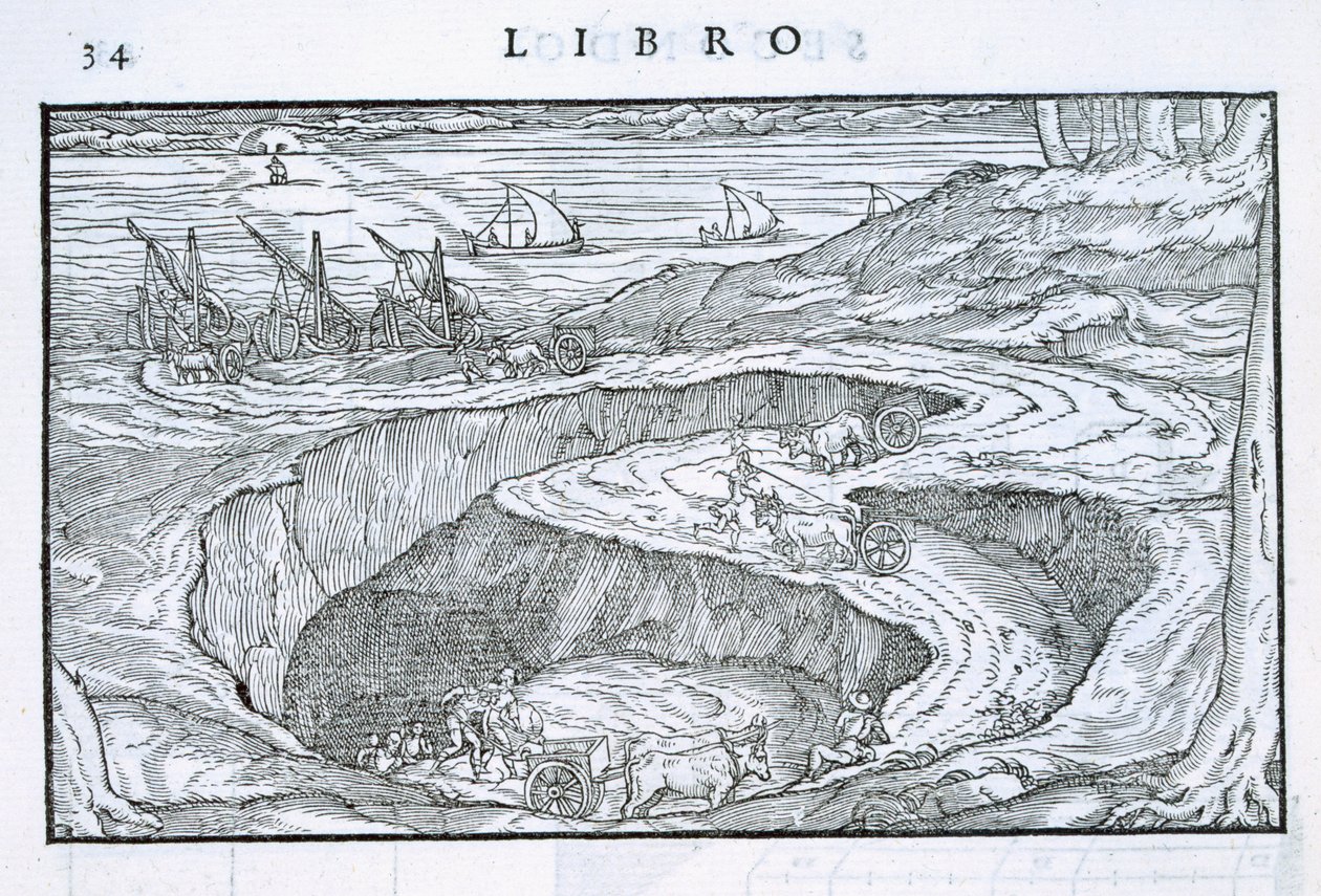 Přesouvání stavebního materiálu z lomu na lodě, z „Della Architettura“, vydané 1590 od Giovanni Antonio Rusconi