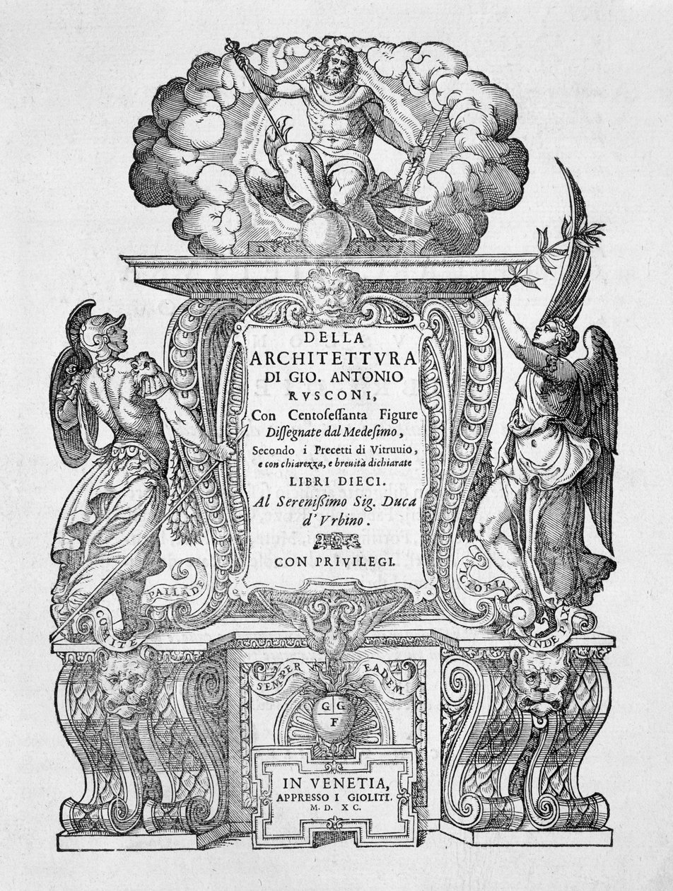 Titulní strana knihy "Della Architettura", vydané v roce 1590 od Giovanni Antonio Rusconi