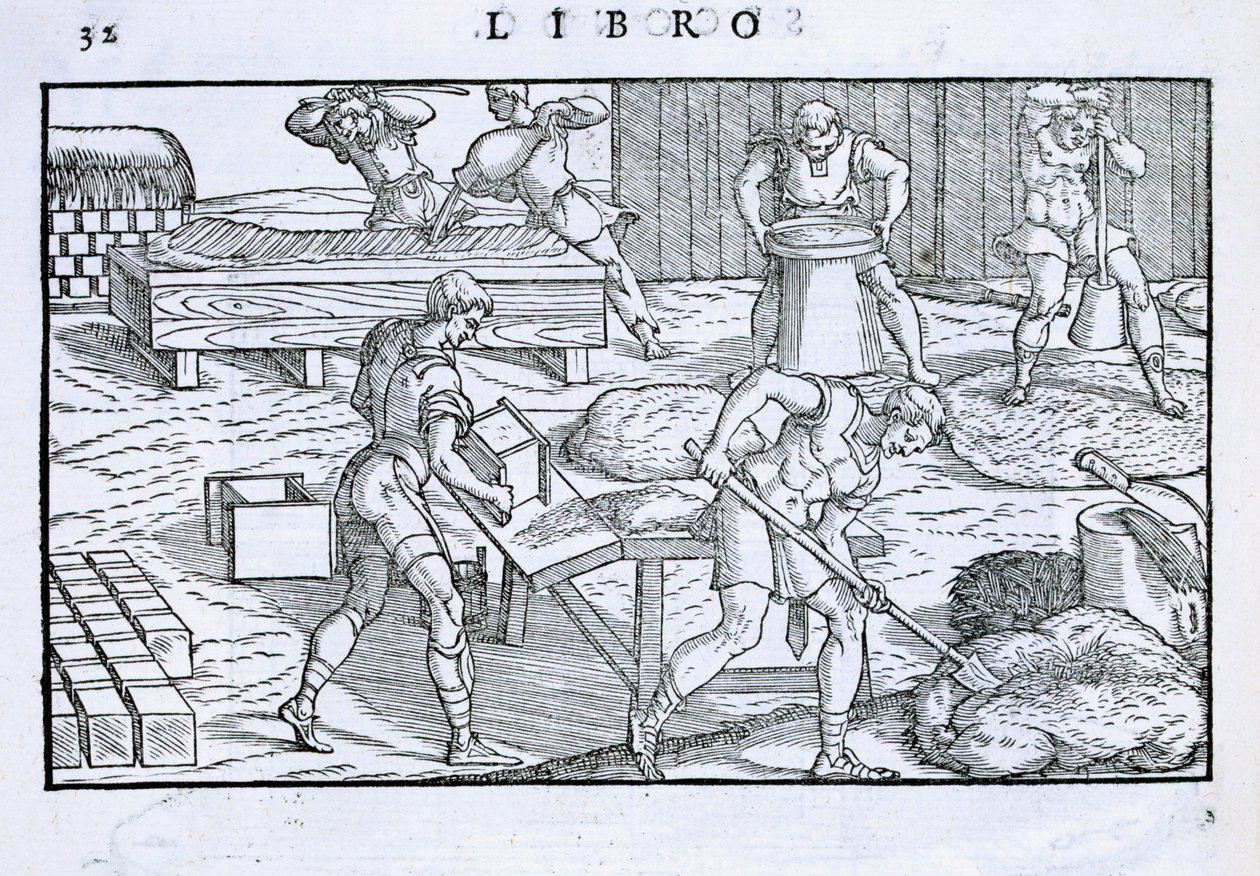 Lidové bydlení a výroba cihel, z „Della Architettura“, vydané v roce 1590 od Giovanni Antonio Rusconi
