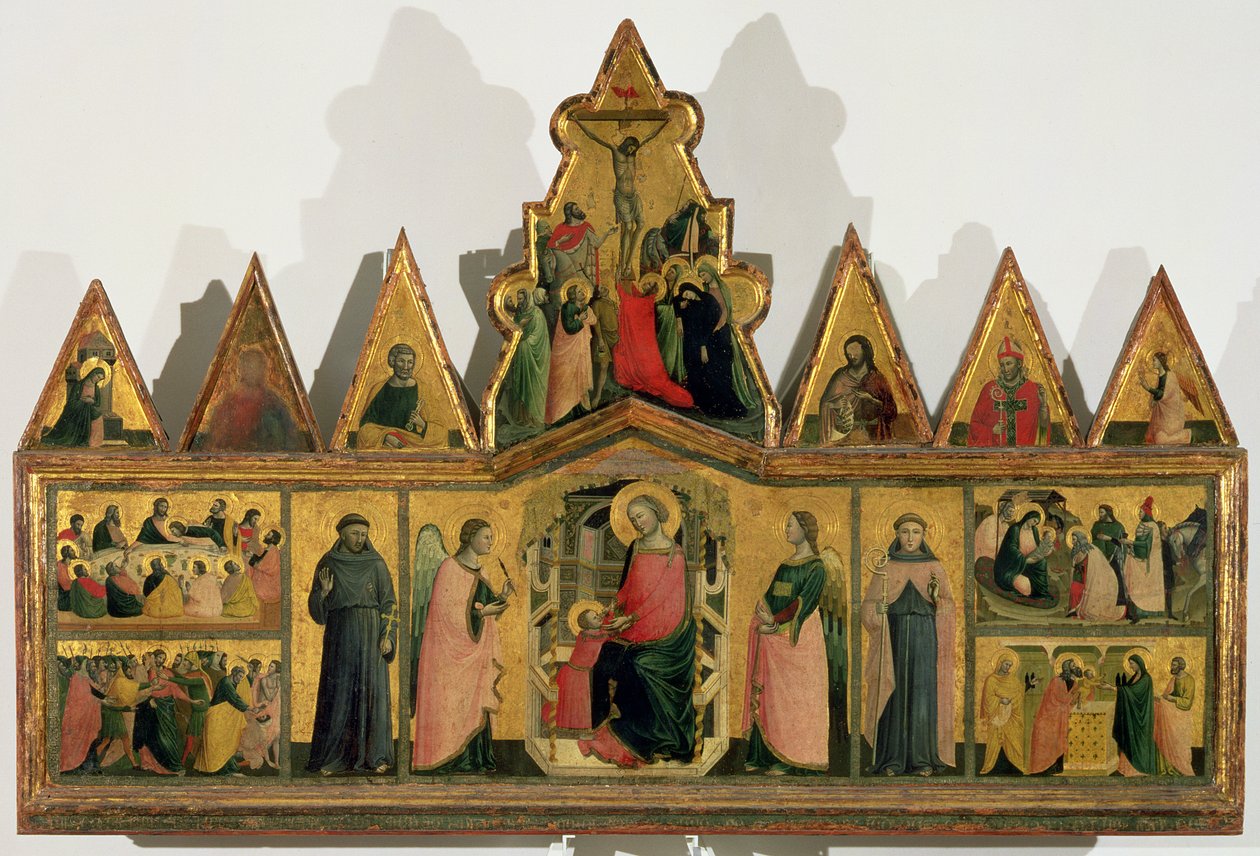 Polyptych: ústřední deska s Madonou s dítětem na trůně a anděly a světci obklopená deskami s výjevy ze života Krista, trojúhelníkové frontonové obrazy světců, andělů a svatých. od Giovanni Baronzio da Rimini