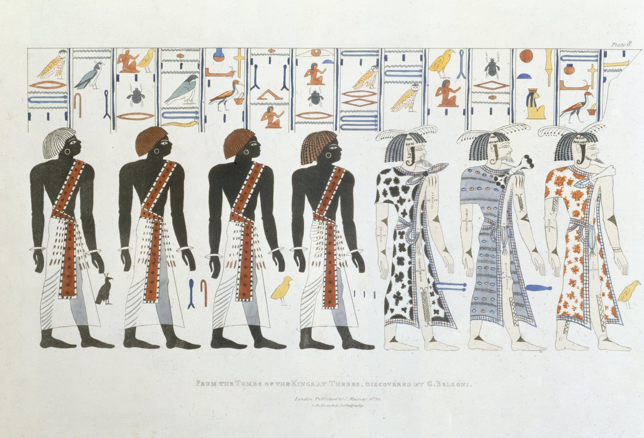 Ilustrace hieroglyfů z hrobek králů v Thébách, objevených G. Belzonim, deska 8 z „Plates Illustrative of the Researches in Egypt and Nubia“, vyryla Charles Hullmandel od Giovanni Battista Belzoni