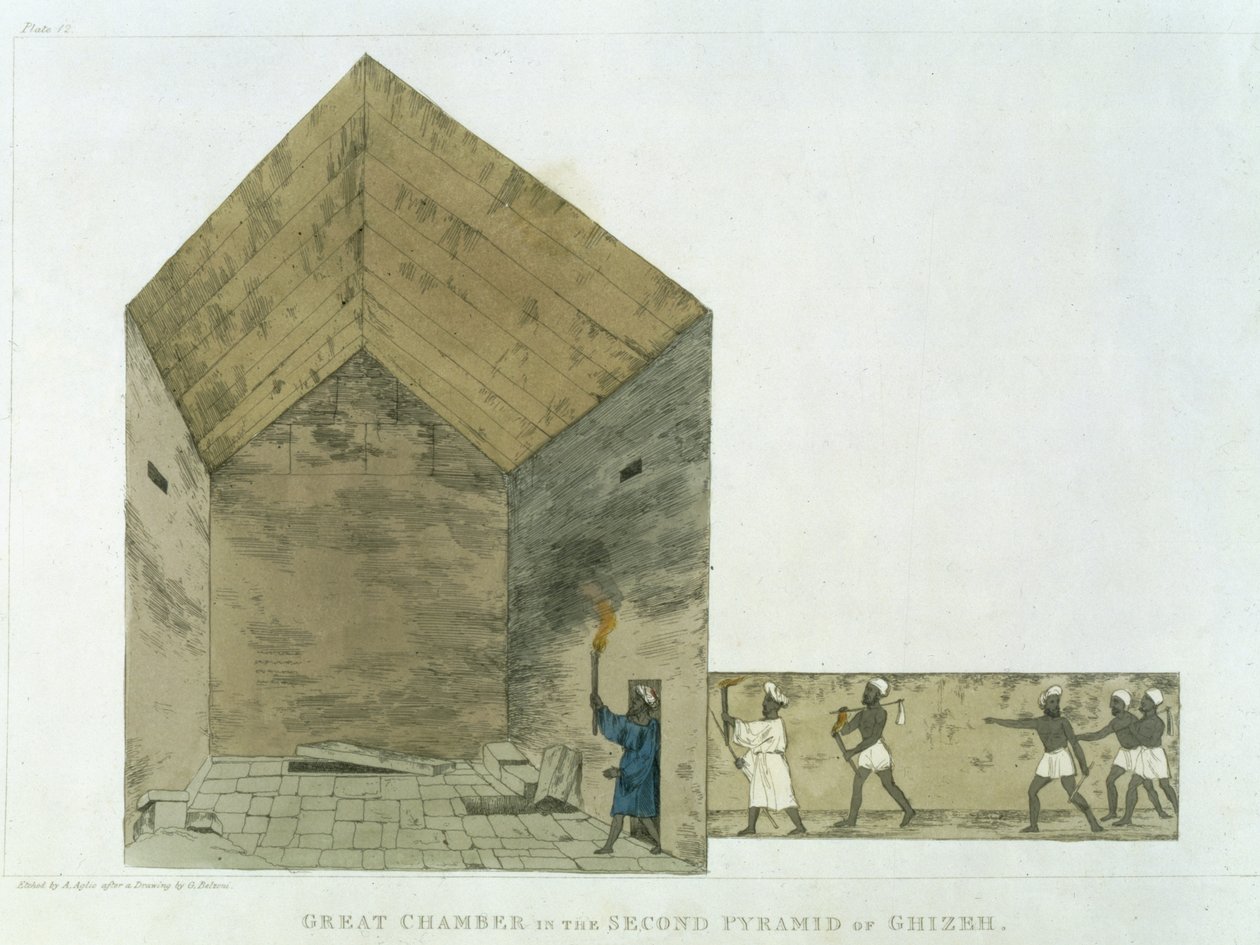 Velká komnata ve druhé pyramidě v Gíze, objevená Giovannim Belzonim, deska 12 z knihy "Ilustrativní desky z výzkumů v Egyptě a Núbii", vyryl Augustine Aglio (1777-1857) 182 od Giovanni Battista Belzoni