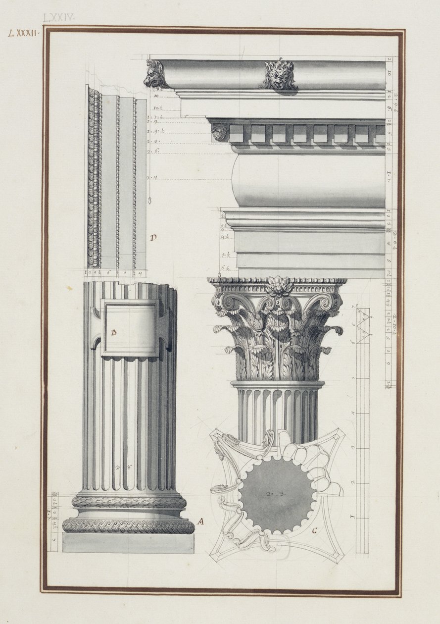 Podrobnosti o složené objednávce, cca 1750 (hnědý a černý inkoust a omývání přes grafit na položený papír) od Giovanni Battista Borra