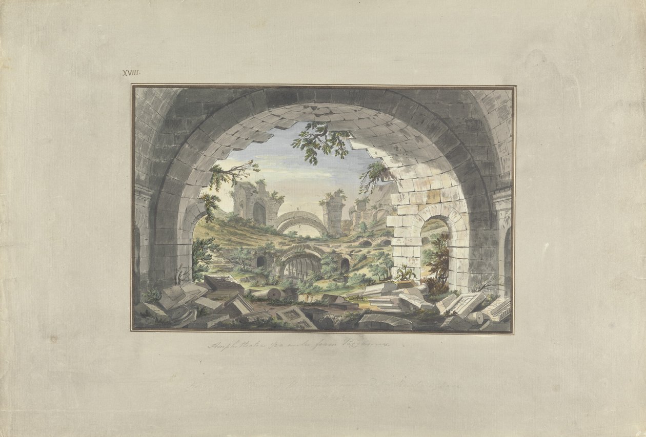 Ruiny v Pergamonu, pravděpodobnost amfiteátru, kolem 1750 (wc s perem a inkoustem přes grafit na papíře) od Giovanni Battista Borra