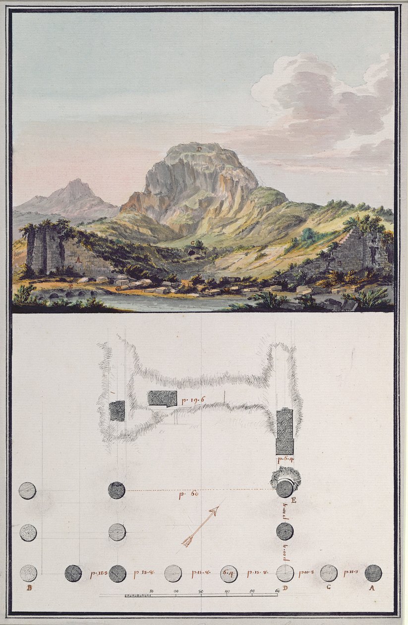 Pohled na divadlo v Sardách a plán iónského chrámu v Sardách, kolem roku 1750 (pero a inkoust, akvarel, lavír, kvaš a tužka na papíře) od Giovanni Battista Borra