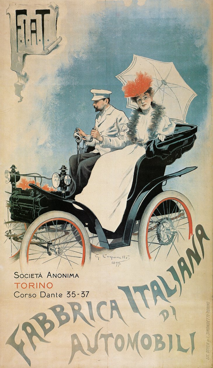 Plakát propagující raný vůz FIAT, 1899 od Giovanni Battista Carpanetto
