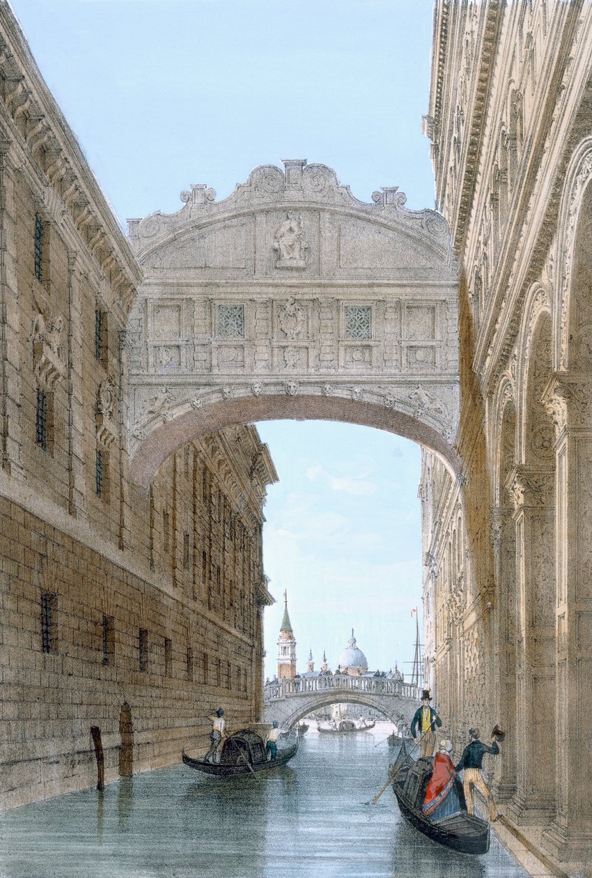 Gondoly projíždějící pod Mostem vzdechů, z knihy "Vedute dei Principali Monumenti di Venezia", cca 1850 od Giovanni Battista Cecchini