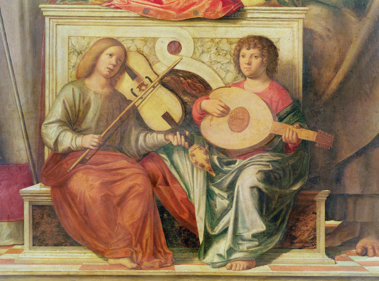 Detail andělských hudebníků z obrazu Panny Marie a svatých, 1496-99 od Giovanni Battista Cima da Conegliano