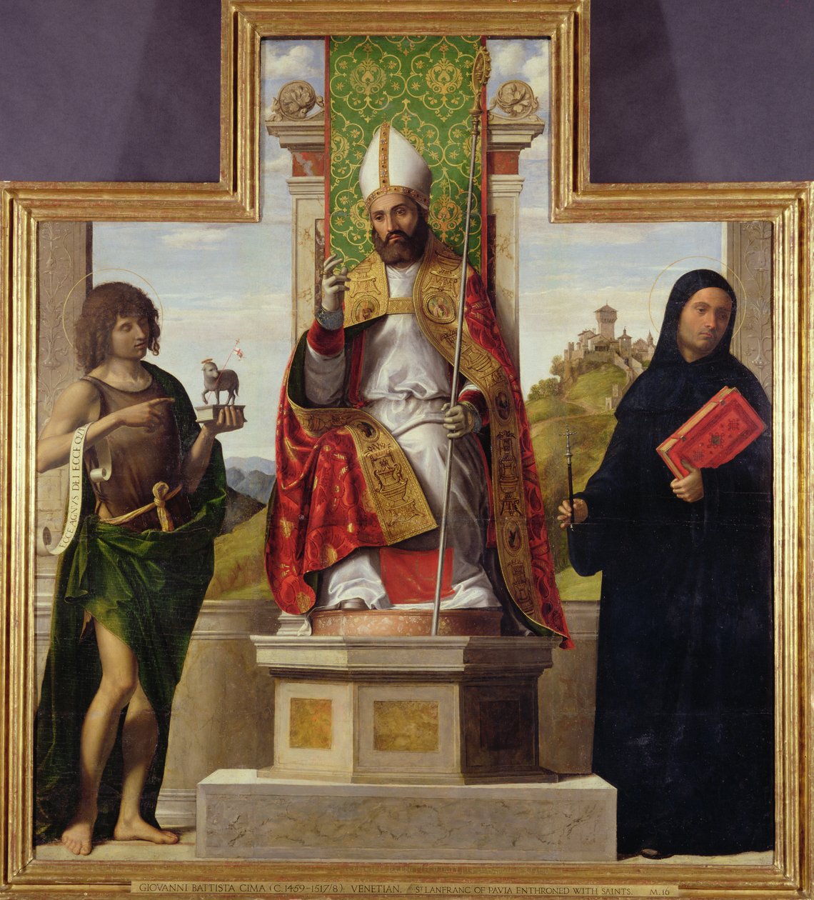 Sv. Lanfranc z Pavie na trůn mezi sv. Janem Křtitelem a sv. Liberiem, kolem 1515-16 od Giovanni Battista Cima da Conegliano