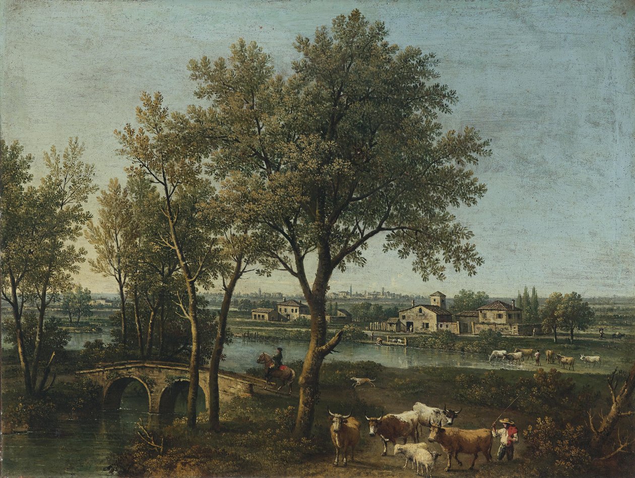 Říční krajina s ovčákem, stádem a jezdcem od Giovanni Battista Cimaroli