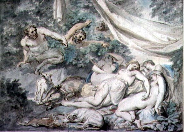 Nymfy Překvapeni satyry, 18. století od Giovanni Battista Cipriani