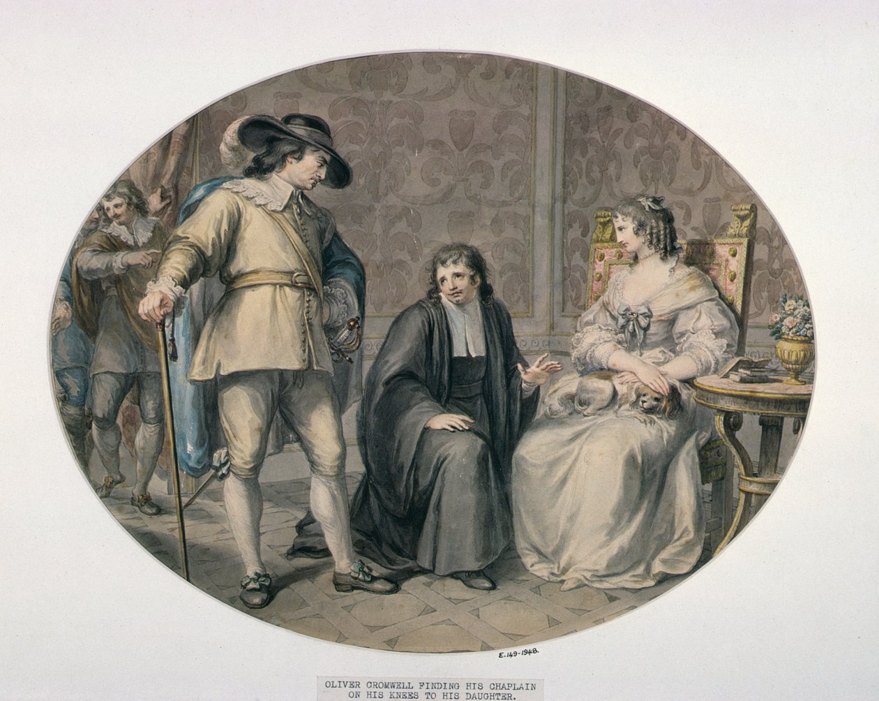 Oliver Cromwell objevuje svého kaplana Jeremiaha Whitea na kolenou před svou nejmladší dcerou Frances od Giovanni Battista Cipriani