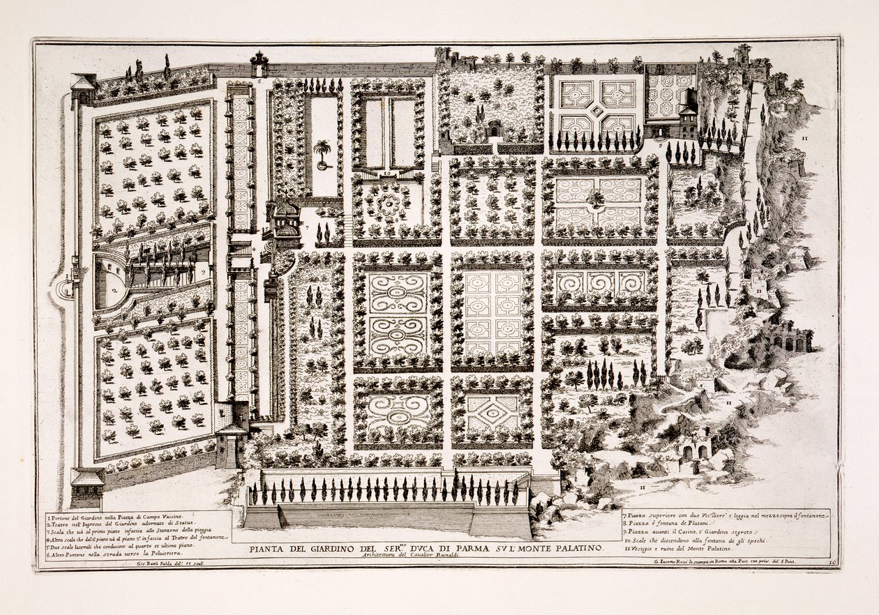 Zahrada vévody parmského na Palatinu v Římě, z knihy "Il Nuovo Teatro della Fabriche et Edifici in Prospettiva di Roma Moderna", vydané asi v letech 1665-69 (viz také 171686). od Giovanni Battista Falda
