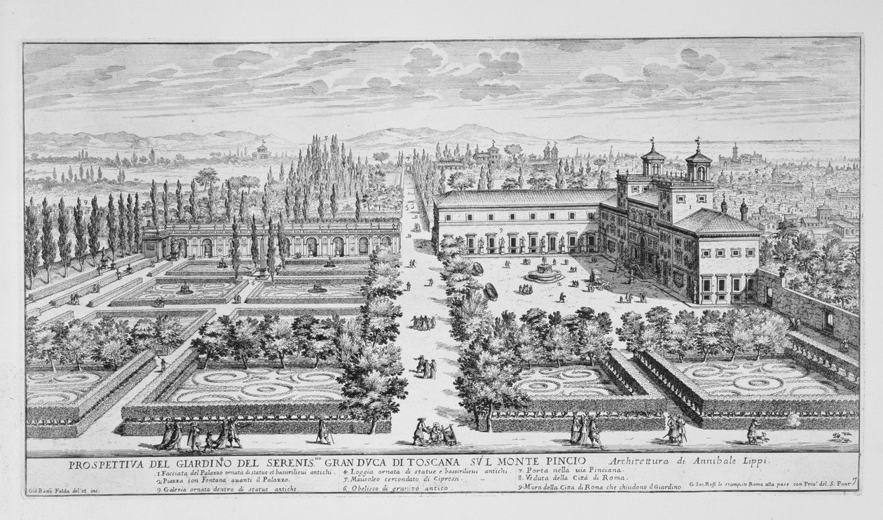 Zahrada velkovévody z Toskánska na Monte Pincio, Řím, z „Il Nuovo Teatro della Fabriche et Buildings in Perspective of Modern Rome“, publikované kolem roku 1665-69 (viz také 171622) od Giovanni Battista Falda