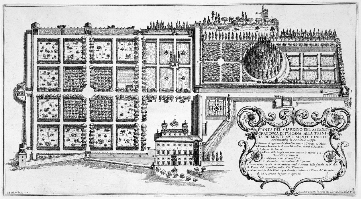 Zahrada velkovévody z Toskánska na Trinita de Monte na Pincio, Řím, z „Il Nuovo Teatro della Fabriche et Edifici v perspektivě moderního Říma“, publikované kolem roku 1665-69 (viz a od Giovanni Battista Falda