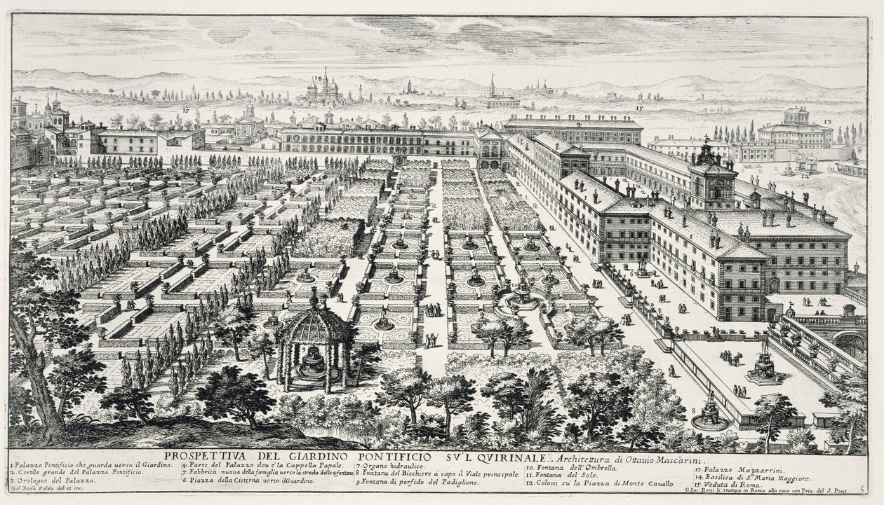 Zahrady Quirinale, z „Li Giardini di Roma“, publikované kolem roku 1683 (viz také 172930) od Giovanni Battista Falda