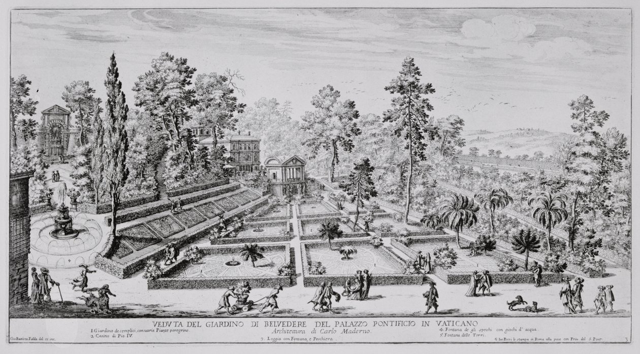 Zahrada potěšení a pavilon papeže Pia IV. (1499-1565) ve Vatikánském paláci, z „Il Nuovo Teatro della Fabriche et Buildings in Perspective of Modern Rome“, publikované kolem roku 1665-69 od Giovanni Battista Falda