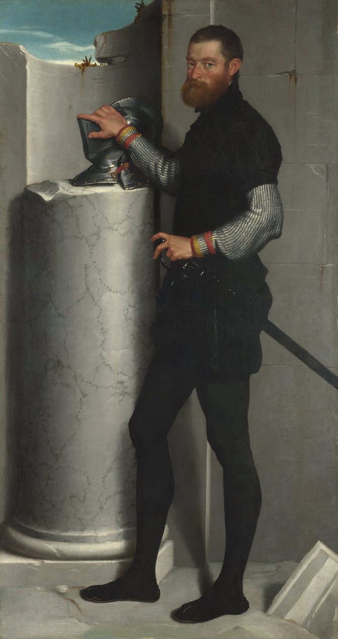 Portrét gentlemana s jeho helmou na sloupové šachtě od Giovanni Battista Moroni