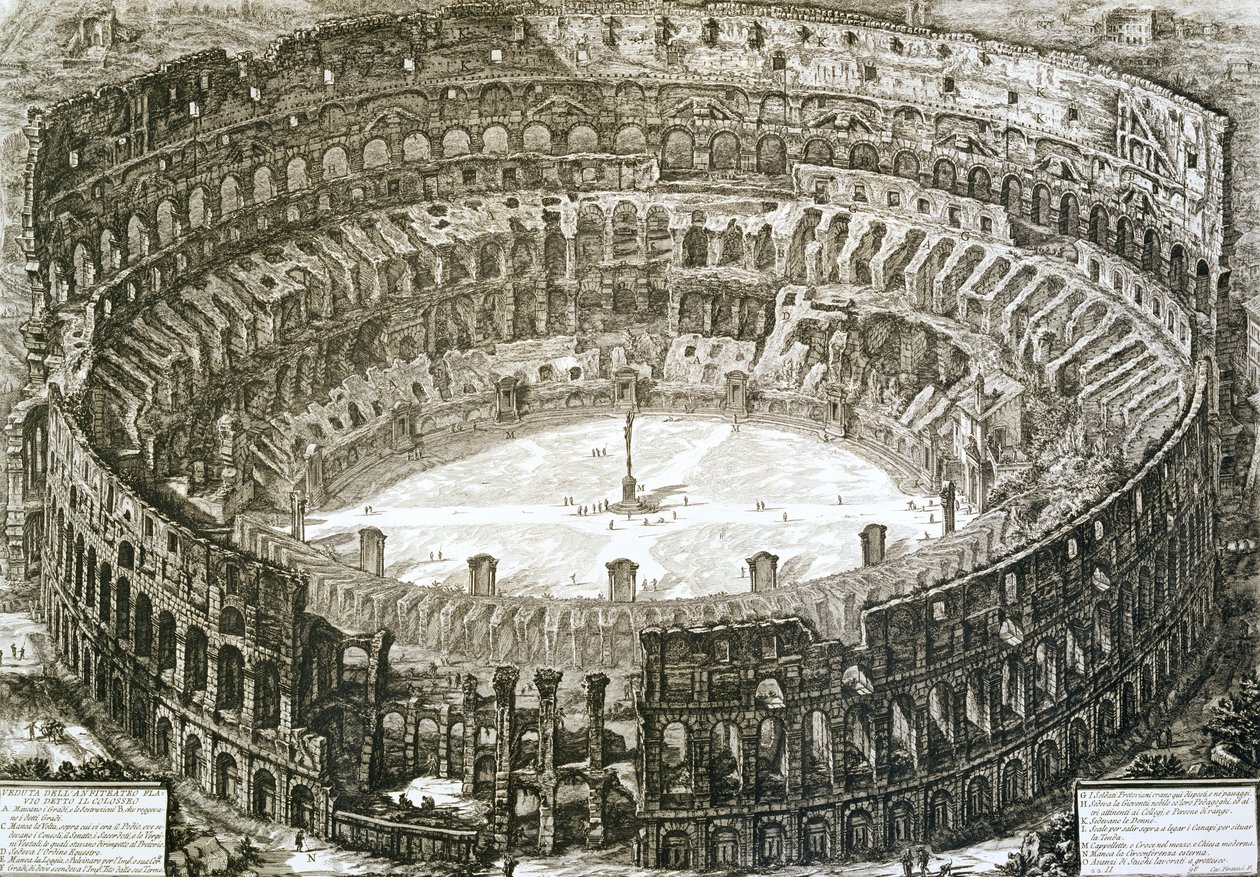 Letecký pohled na Koloseum v Římě z „Pohledy na Řím“, poprvé vydáno v roce 1756, vytištěno v Paříži 1800 od Giovanni Battista Piranesi