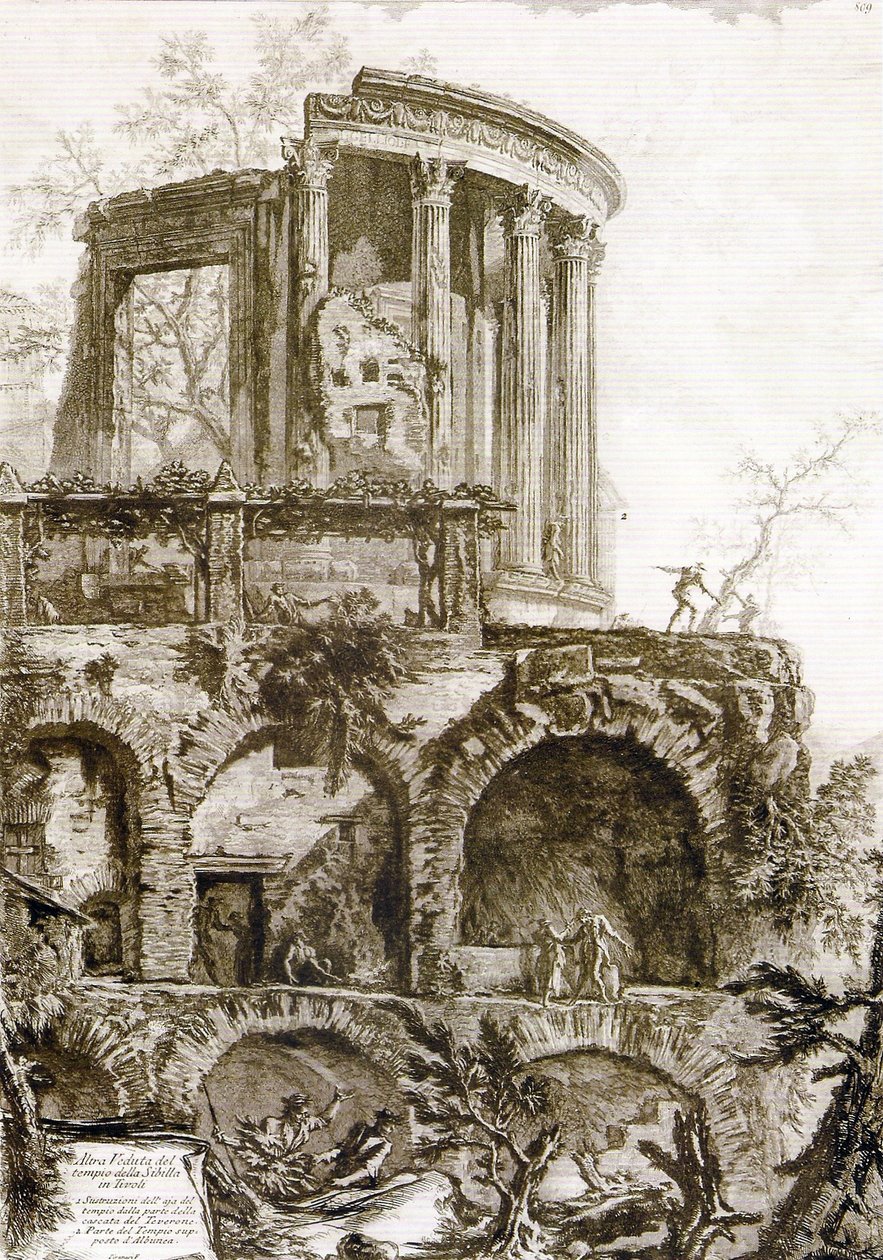 Další pohled na chrám Sibyly, Tivoli od Giovanni Battista Piranesi
