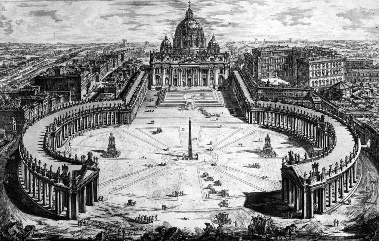 Pohled z ptačí perspektivy na baziliku sv. Petra a náměstí Piazza ze série Pohledy na Řím, kolem roku 1760 od Giovanni Battista Piranesi