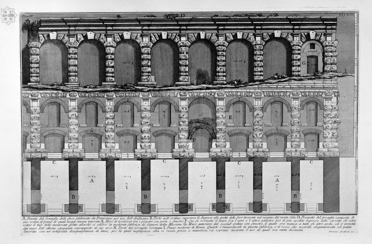 Ukázka zvěřince veletrhů postavených Domitianem pro použití amfiteátru od Giovanni-Battista Piranesi