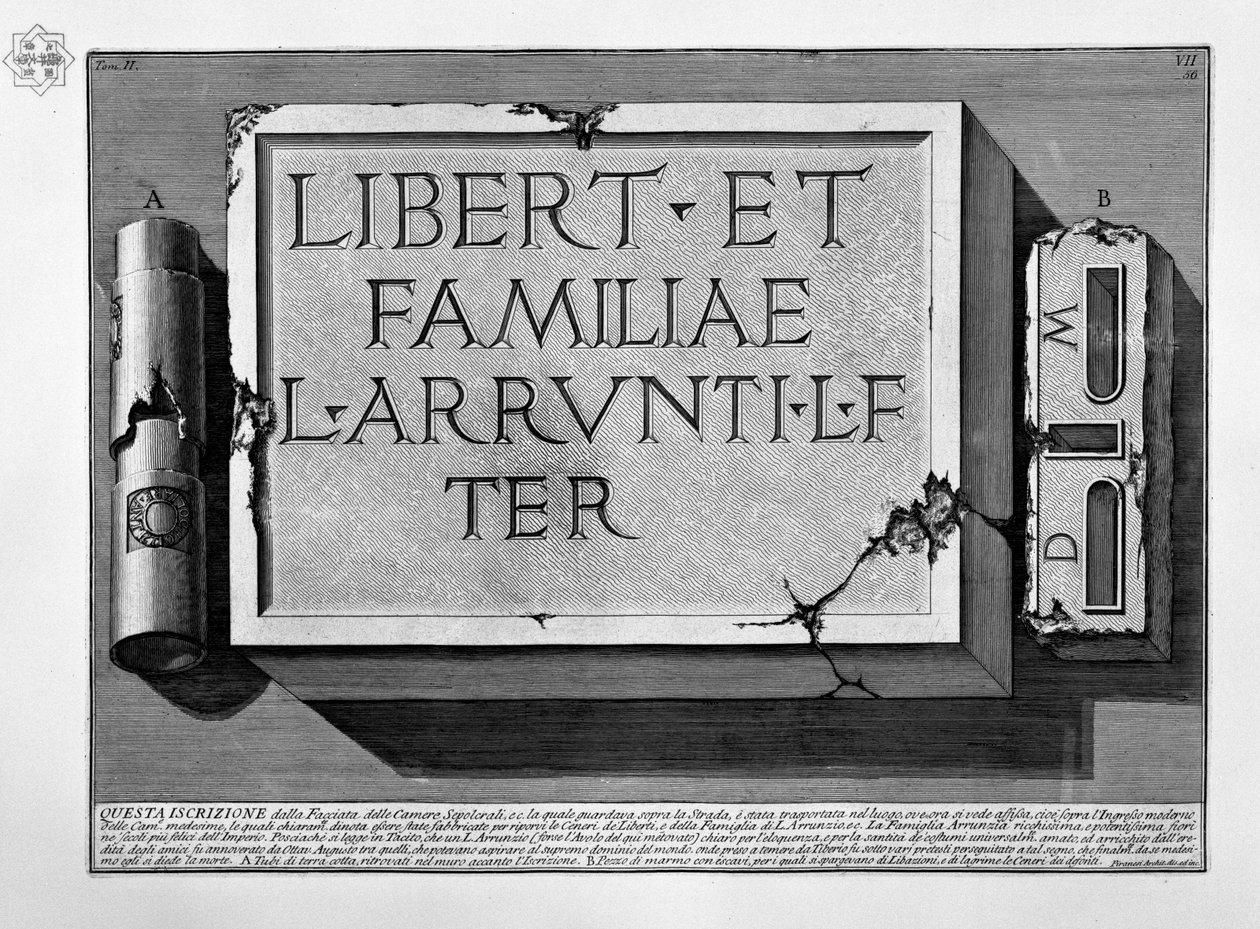 Nápis v hrobce rodiny L. Arrunzia od Giovanni Battista Piranesi