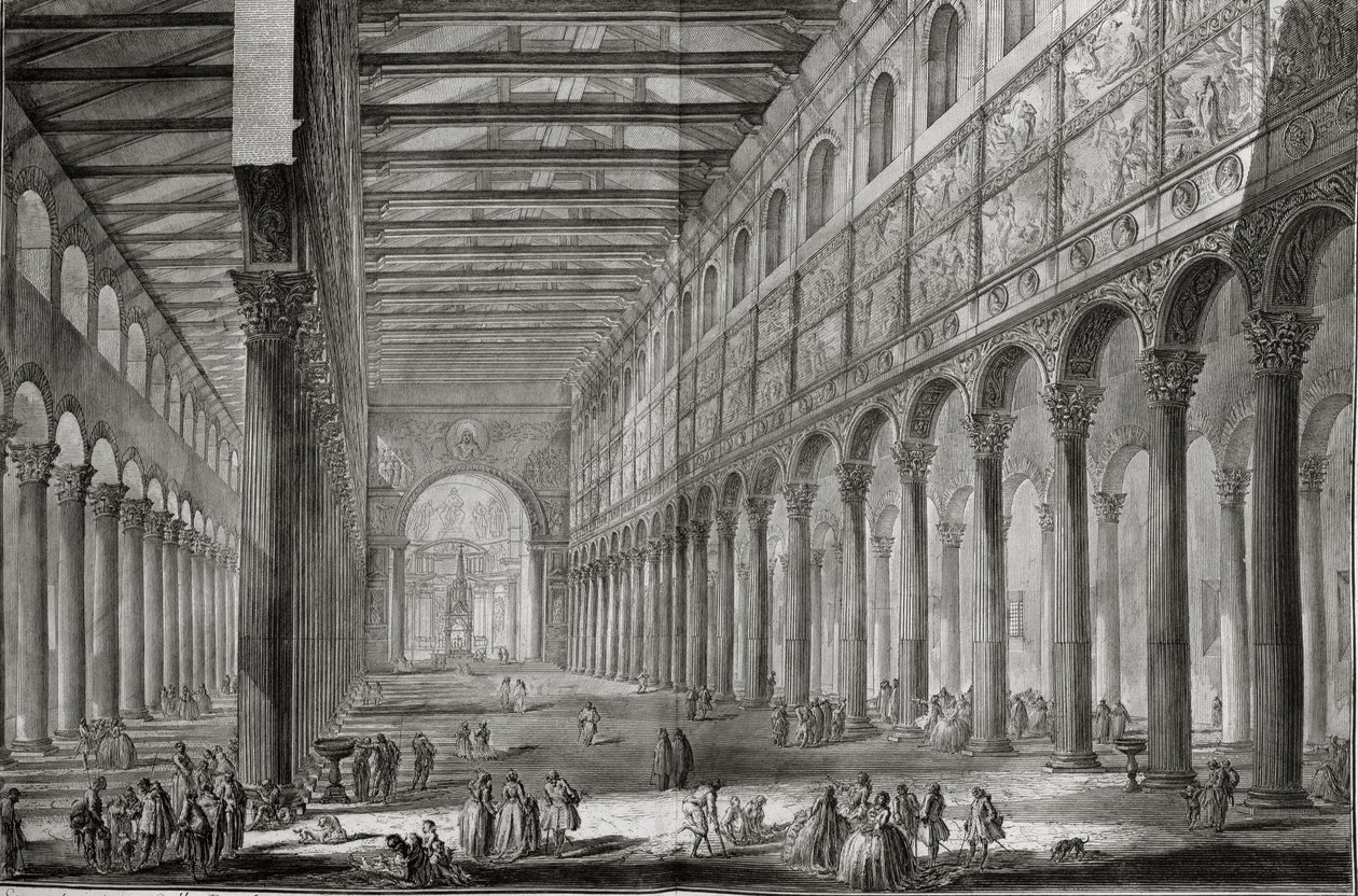 Interiér baziliky San Paulo Fuori le Mura, Řím, z knihy "Le Antichita Romane de G.B. Piranesi (1756)", vydané v Paříži roku 1835. od Giovanni Battista Piranesi