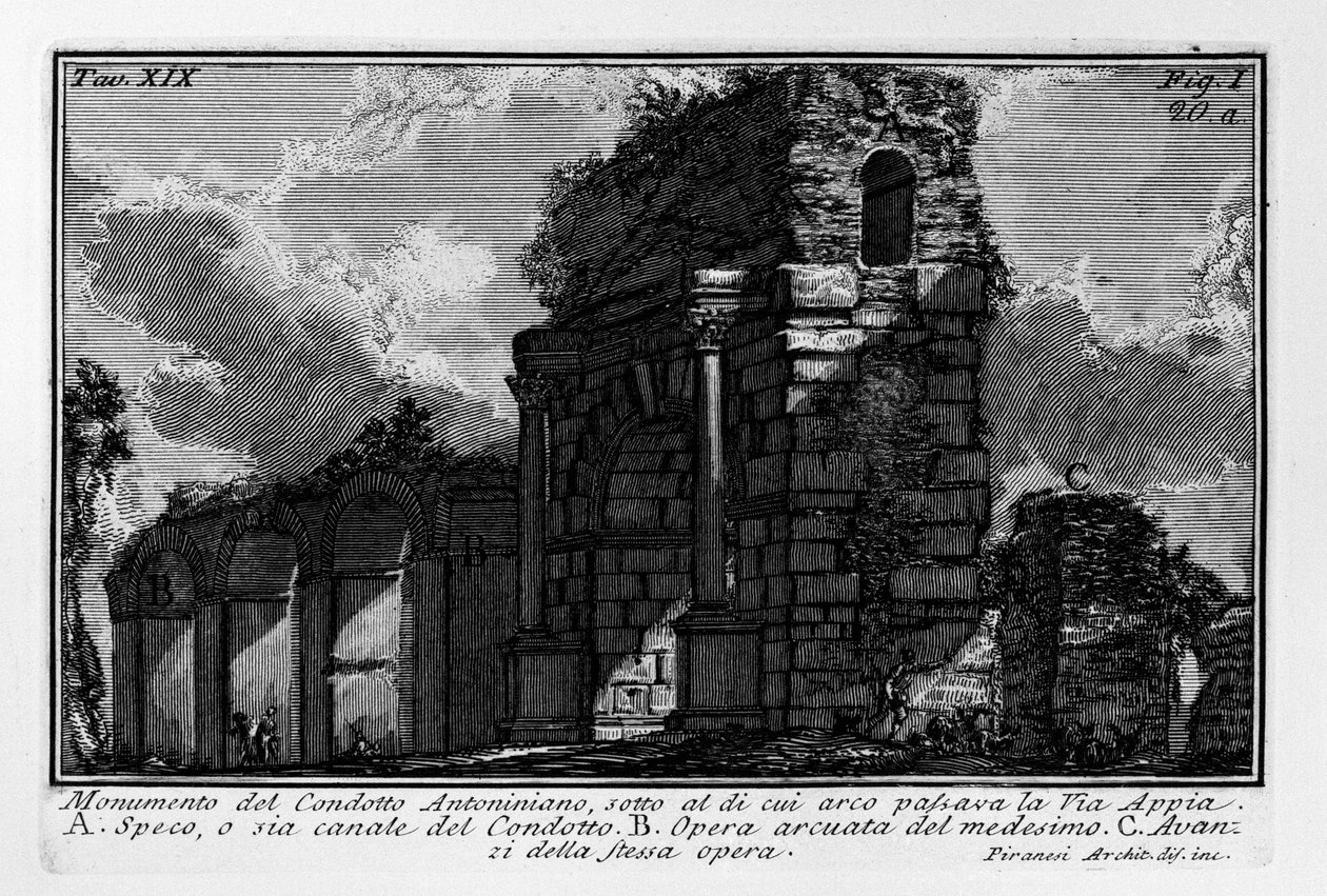 Pomník Antoninianova chování, pod jehož obloukem procházela Via Appia od Giovanni Battista Piranesi