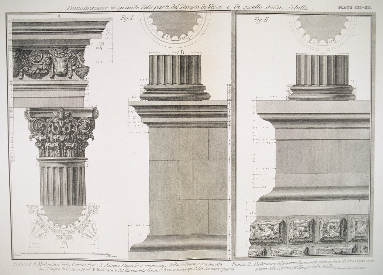 Deska CXI-XII Ilustrace sloupové konstrukce chrámu Vesty a chrámu Sibilly z „Vedute“, poprvé vydáno v roce 1756, pub. od E a F.N. Spon Ltd., 1900 od Giovanni Battista Piranesi