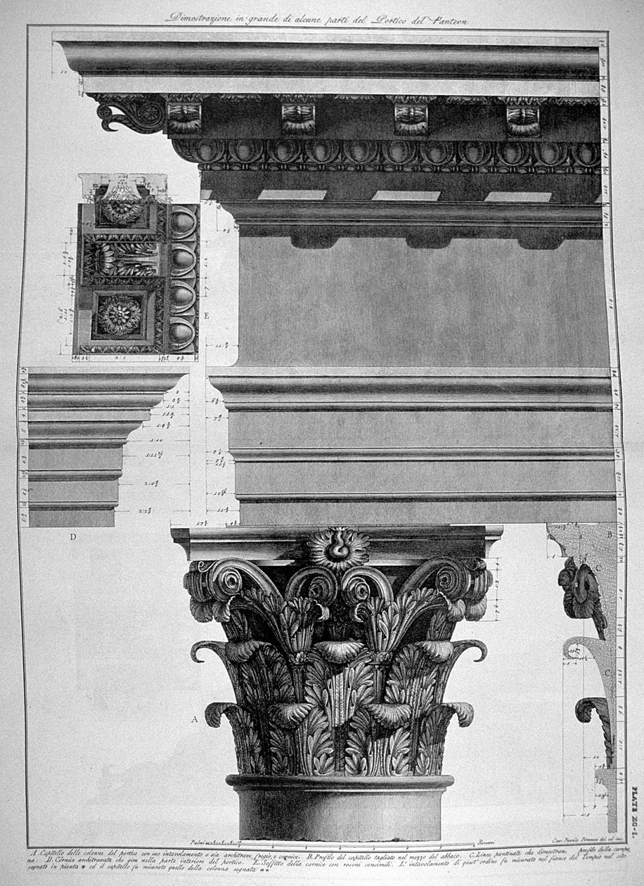 Deska XC-I Ilustrace detailu portiku Pantheonu ve velkém měřítku z knihy Vedute, poprvé vydané v roce 1756, vydavatelství E. & F.N Spon Ltd., 1900. od Giovanni Battista Piranesi