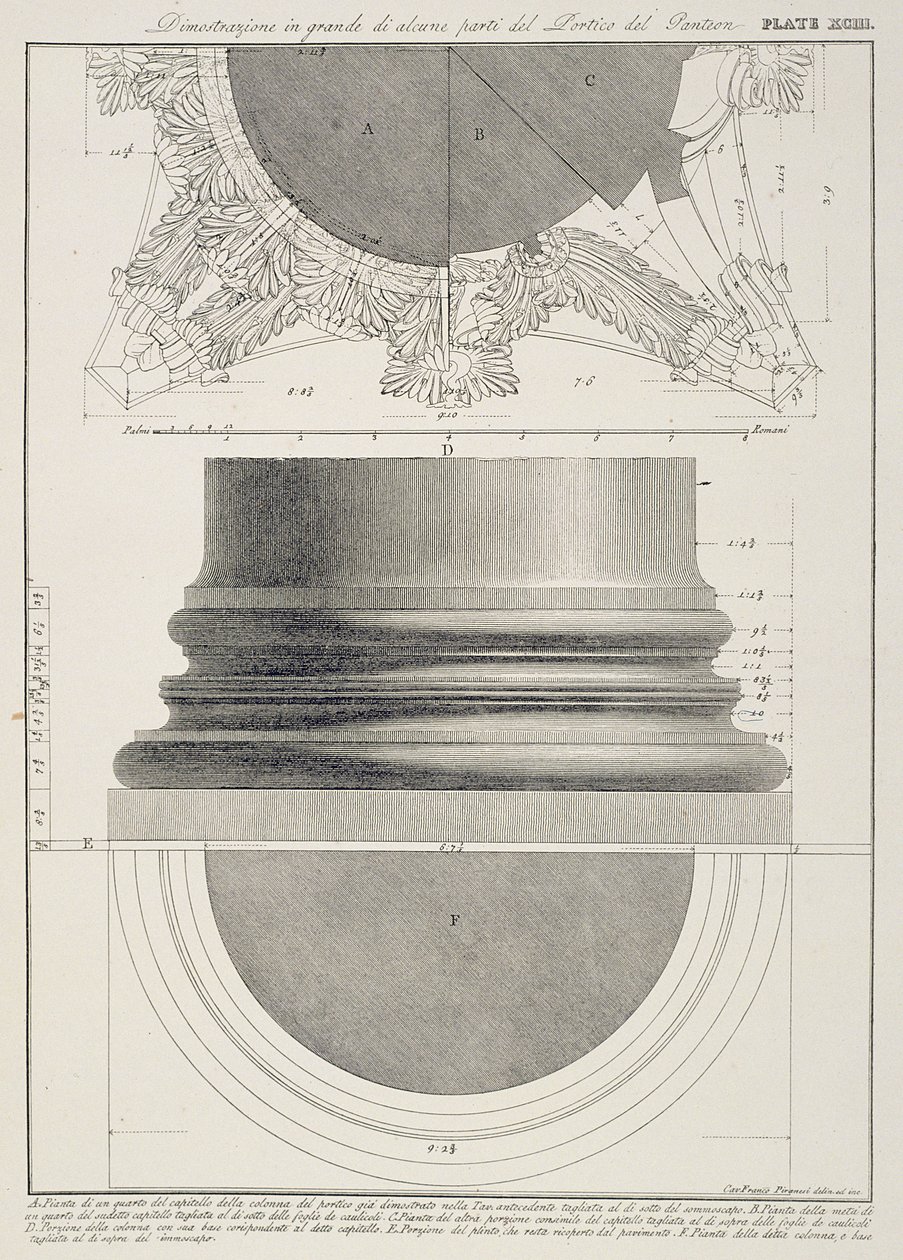 Deska XCIII Velká ilustrace detailu z portiku Pantheonu z knihy "Vedute", poprvé vydané v roce 1756, vydavatelství E. und F.N. Spon Ltd., 1900. od Giovanni Battista Piranesi