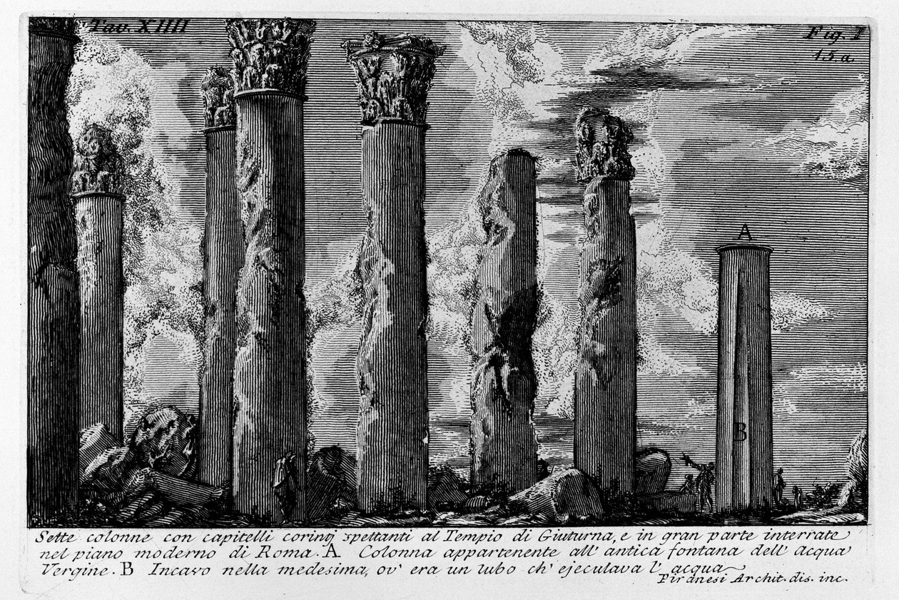 Sedm sloupů s korintskými hlavicemi patřících k chrámu Juturna a většinou pohřbených v moderním plánu Říma od Giovanni Battista Piranesi