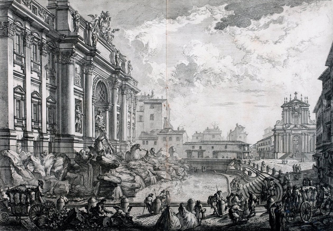 Boční pohled na fontánu di Trevi, dříve Acqua Vergine od Vedute di Roma (Pohledy na Řím) od Giovanni Battista Piranesi