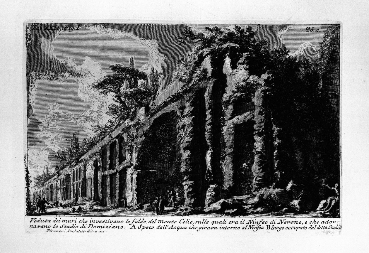 Pohled na stěny, které pokrývaly svahy hory Celio, na které bylo Neronovo Nymphaeum a která zdobila stadion Domitian od Giovanni Battista Piranesi