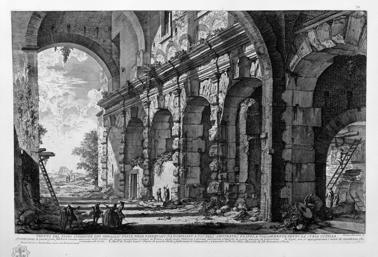 Pohled na horní patro seraglio delle fiere postavené Domitianem pro použití Flavianského amfiteátru a běžně známé jako Curia Ostilia od Giovanni Battista Piranesi