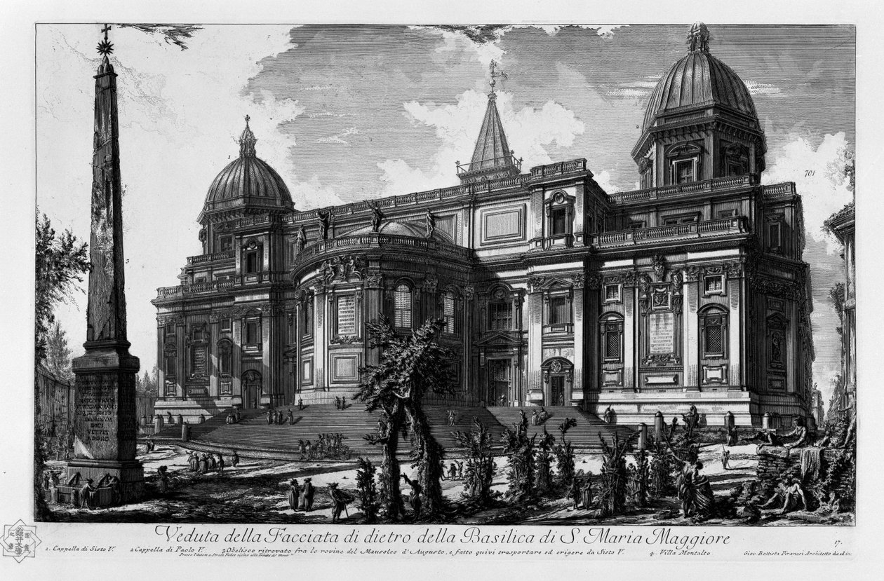Pohled na zadní fasádu baziliky Santa Maria Maggiore Kaple Sixtus V. Kaple Pavla V. Esquiline obelisk nalezený mezi ruinami mauzolea Augusta a nechal ji tam transportovat a postavit Sixtus V. Villa Montalto od Giovanni Battista Piranesi