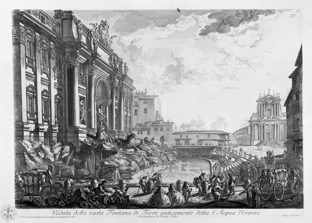 Pohled na rozlehlou fontánu di Trevi, dříve známou jako Acqua Vergine. Architektura Nicola Salvi od Giovanni Battista Piranesi