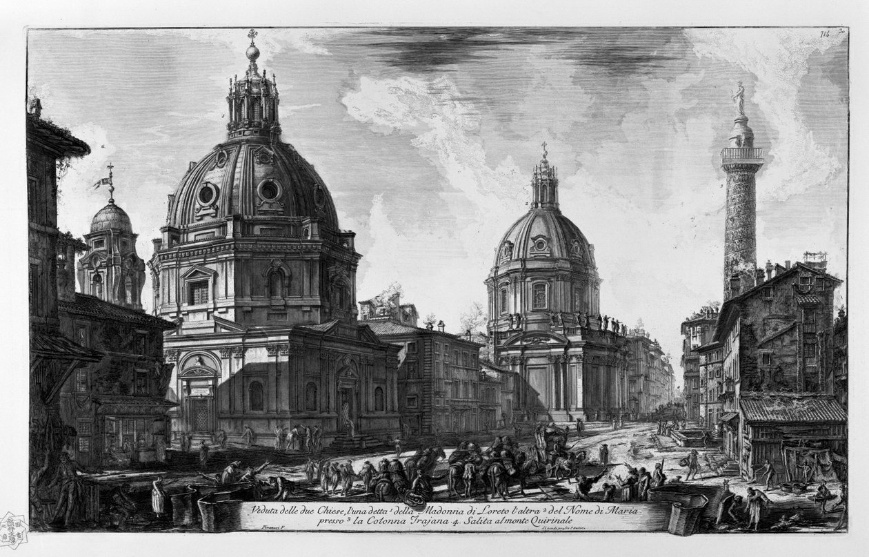 Pohled na dva kostely. Kostel Santa Maria di Loreto Kostel Santissimo Nome di Maria Colonna Traiana. Výstup na horu Quirinale od Giovanni Battista Piranesi